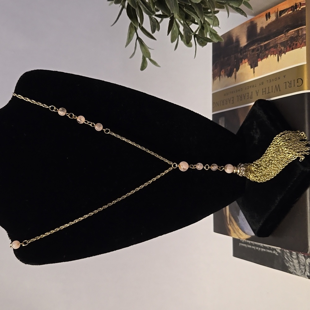 Banana Republic Long Goldtone and Pink Beaded Tassel Necklace